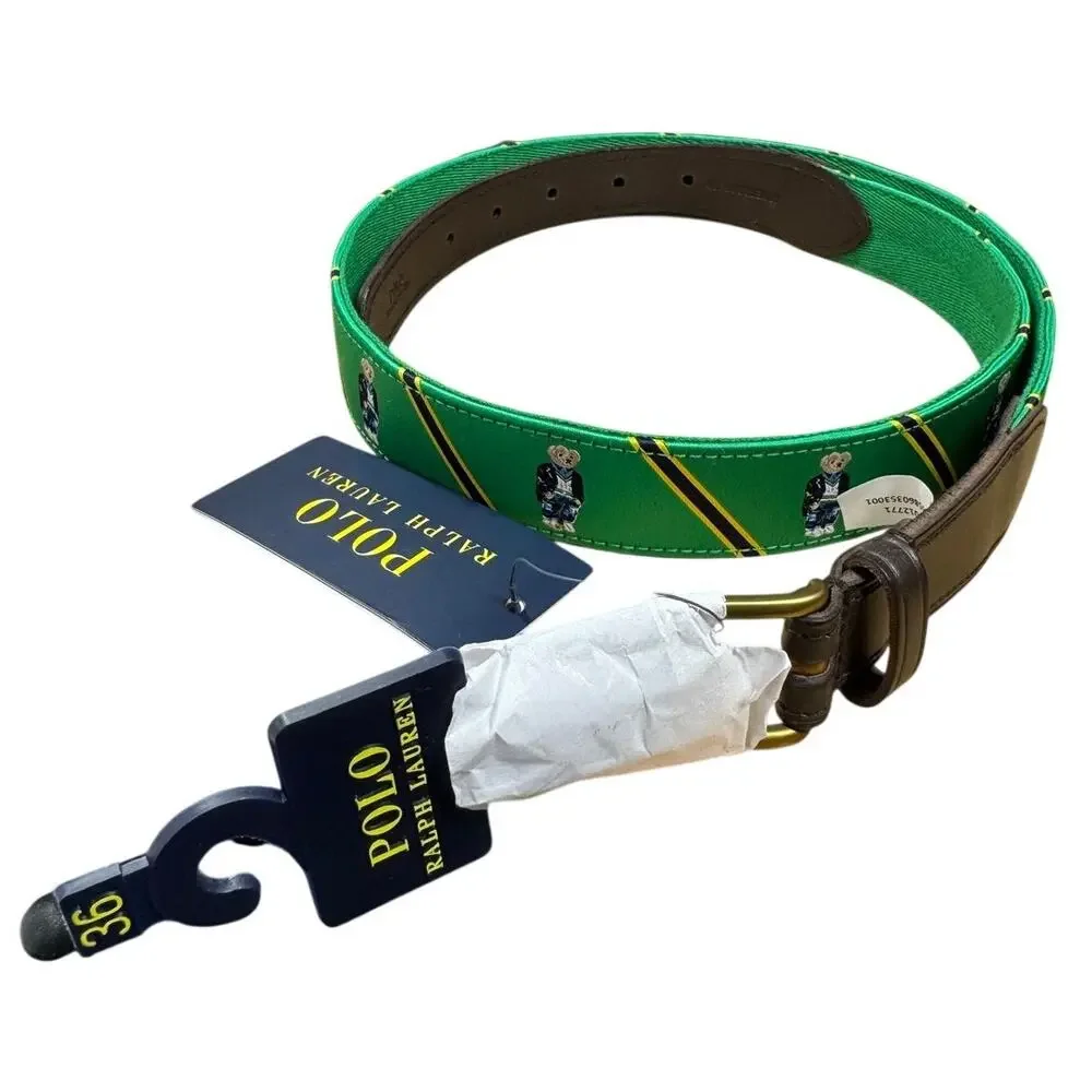Polo Ralph Lauren Mens 36 Green Navy Polo Bear Leather Trim Belt Preppy NWT